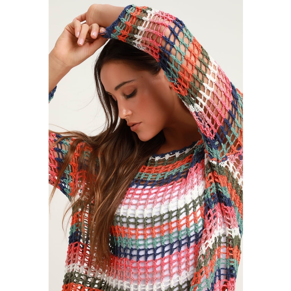 Linda Leigh Navy Blue Multi Striped Crochet Sweater